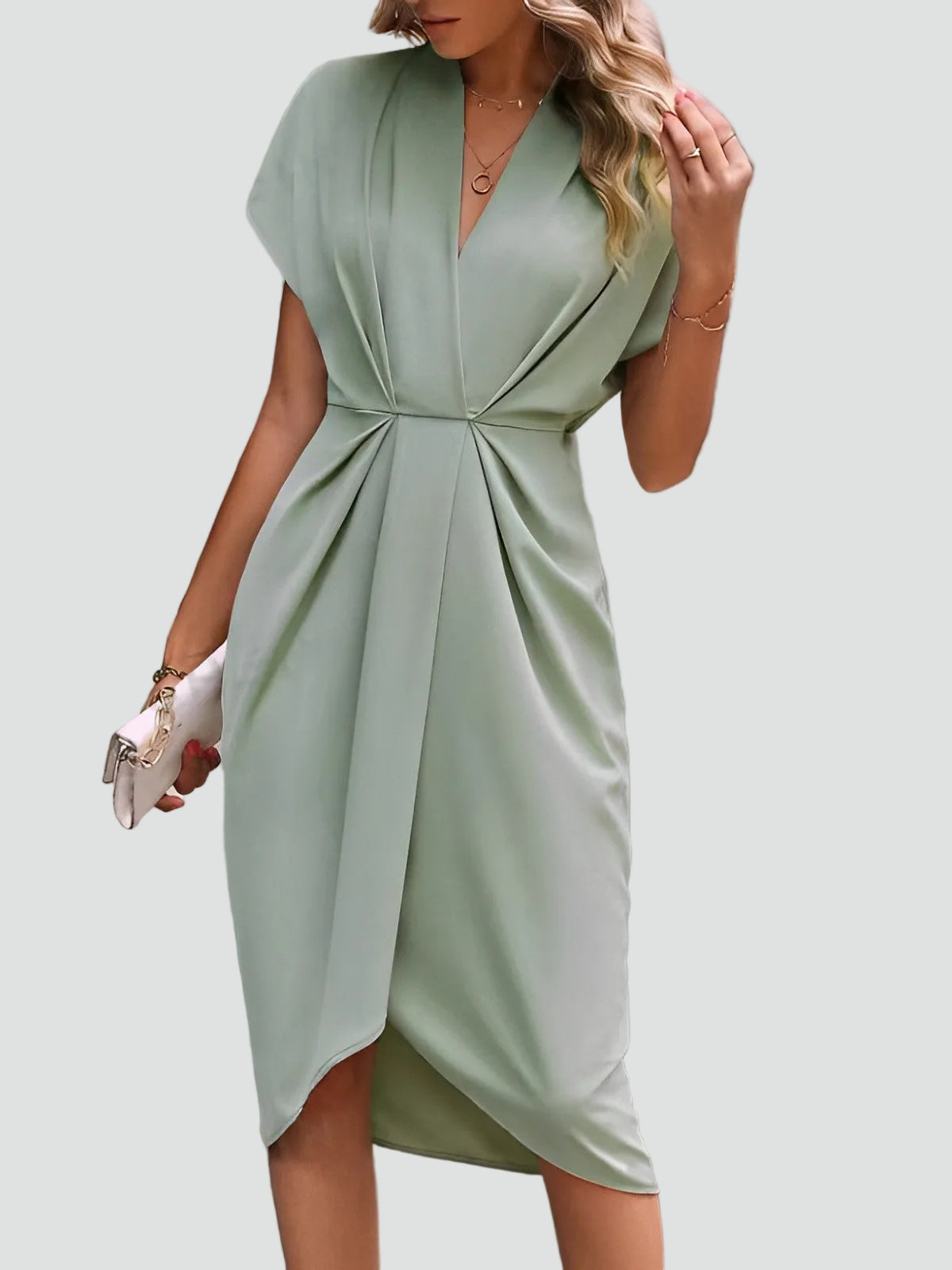 Women's Draped Midi Dress With A Deep V-neck And Slit – An Elegant Dress For Parties, Evening Wear, And Special Occasions
