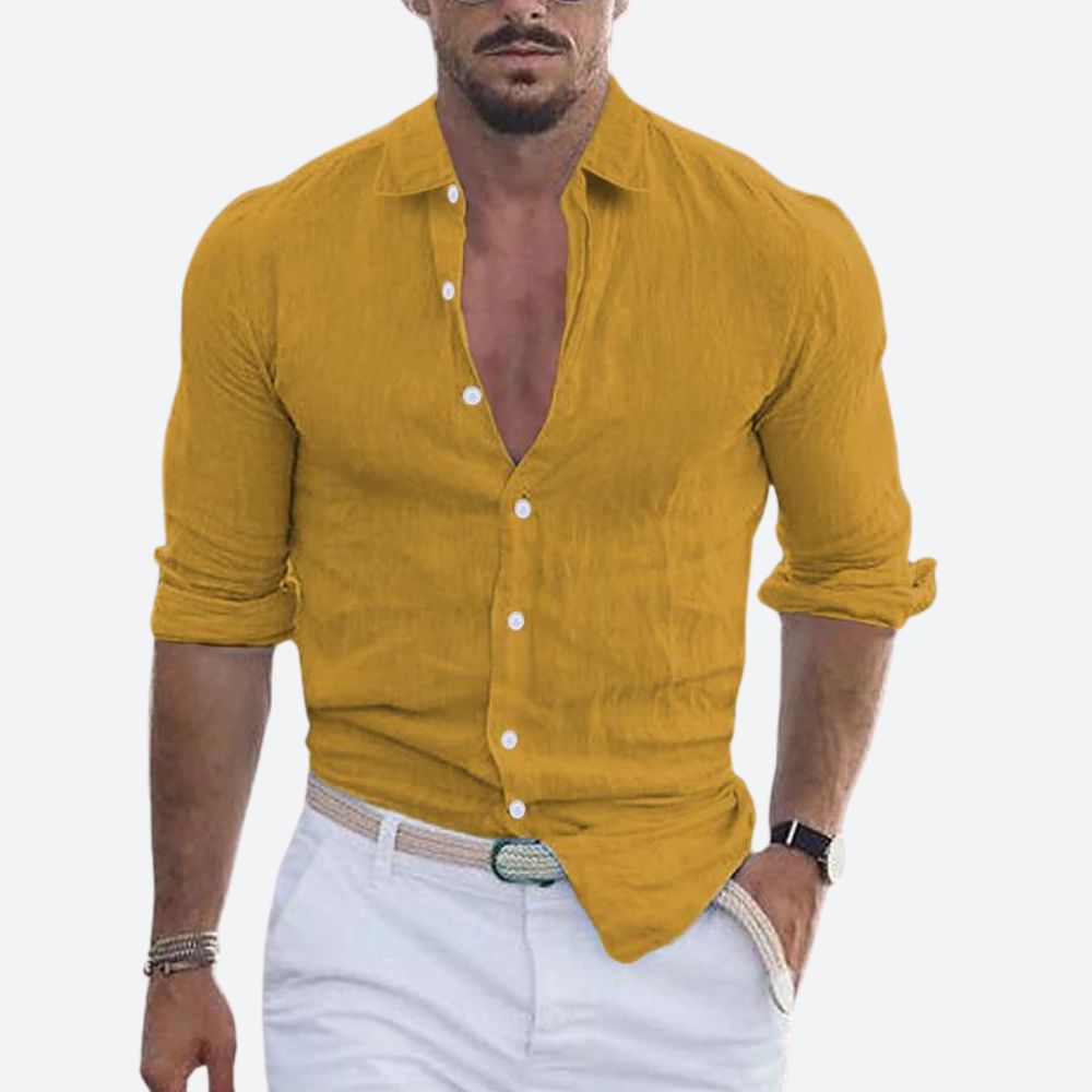 Men's Linen Shirt - Slim Fit Open Collar Button-Up Summer Casual Top