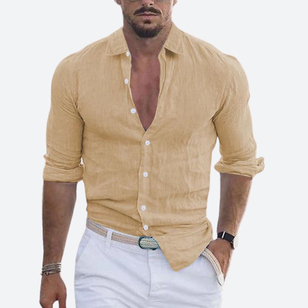 Men's Linen Shirt - Slim Fit Open Collar Button-Up Summer Casual Top