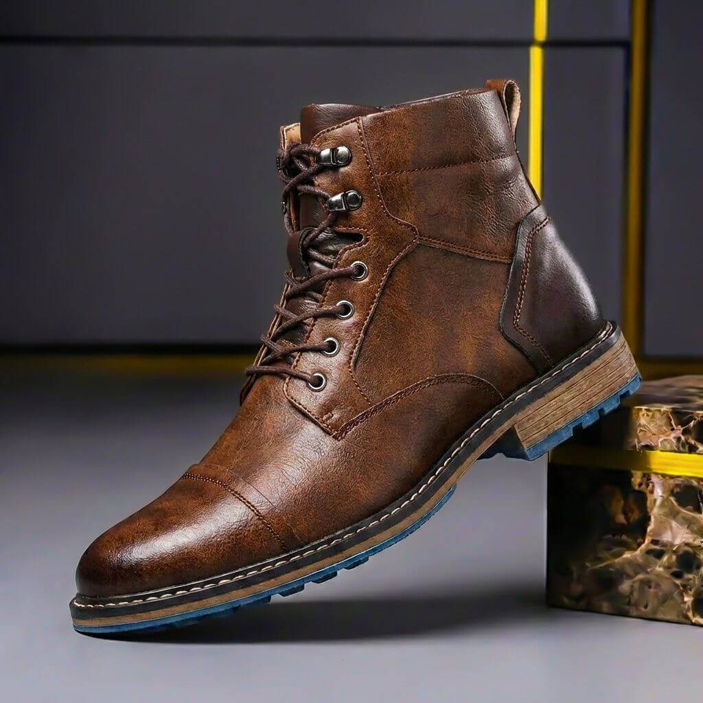 Men's Genuine Leather Ankle Boots With Laces And A Cap Toe – Classic Boots For Winter, The Office, Everyday Wear, And Smart-casual Style