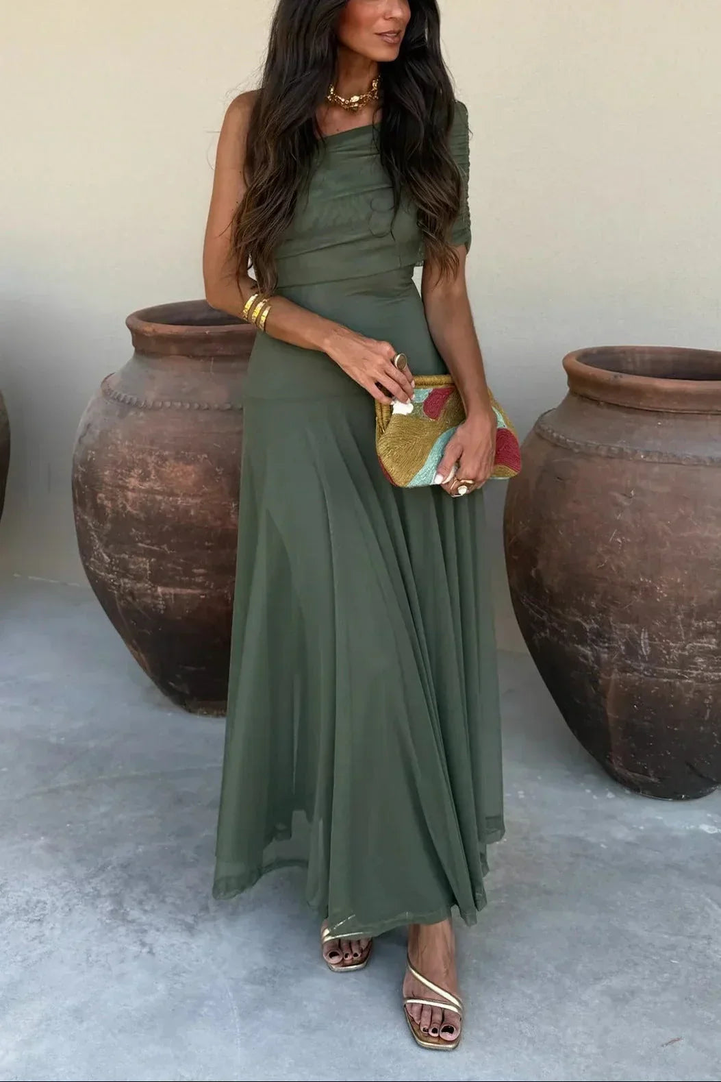 Women's Off-the-shoulder Maxi Dress With A Draped Waist – An Elegant Dress For Weddings, Parties, Evening Wear, And Special Occasions