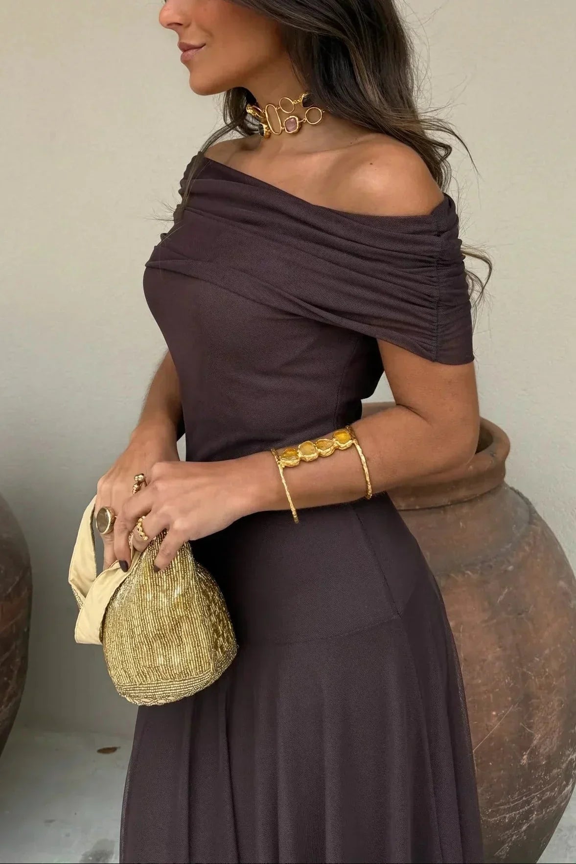 Women's Off-the-shoulder Maxi Dress With A Draped Waist – An Elegant Dress For Weddings, Parties, Evening Wear, And Special Occasions