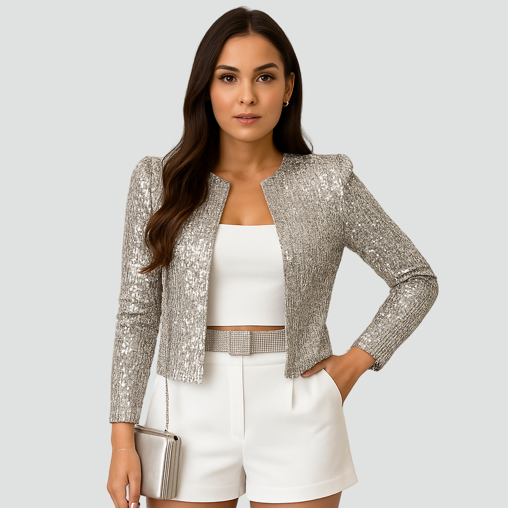 Women's Cropped Sequin Blazer - Glamorous Open-front Evening Jacket For Parties And Special Occasions