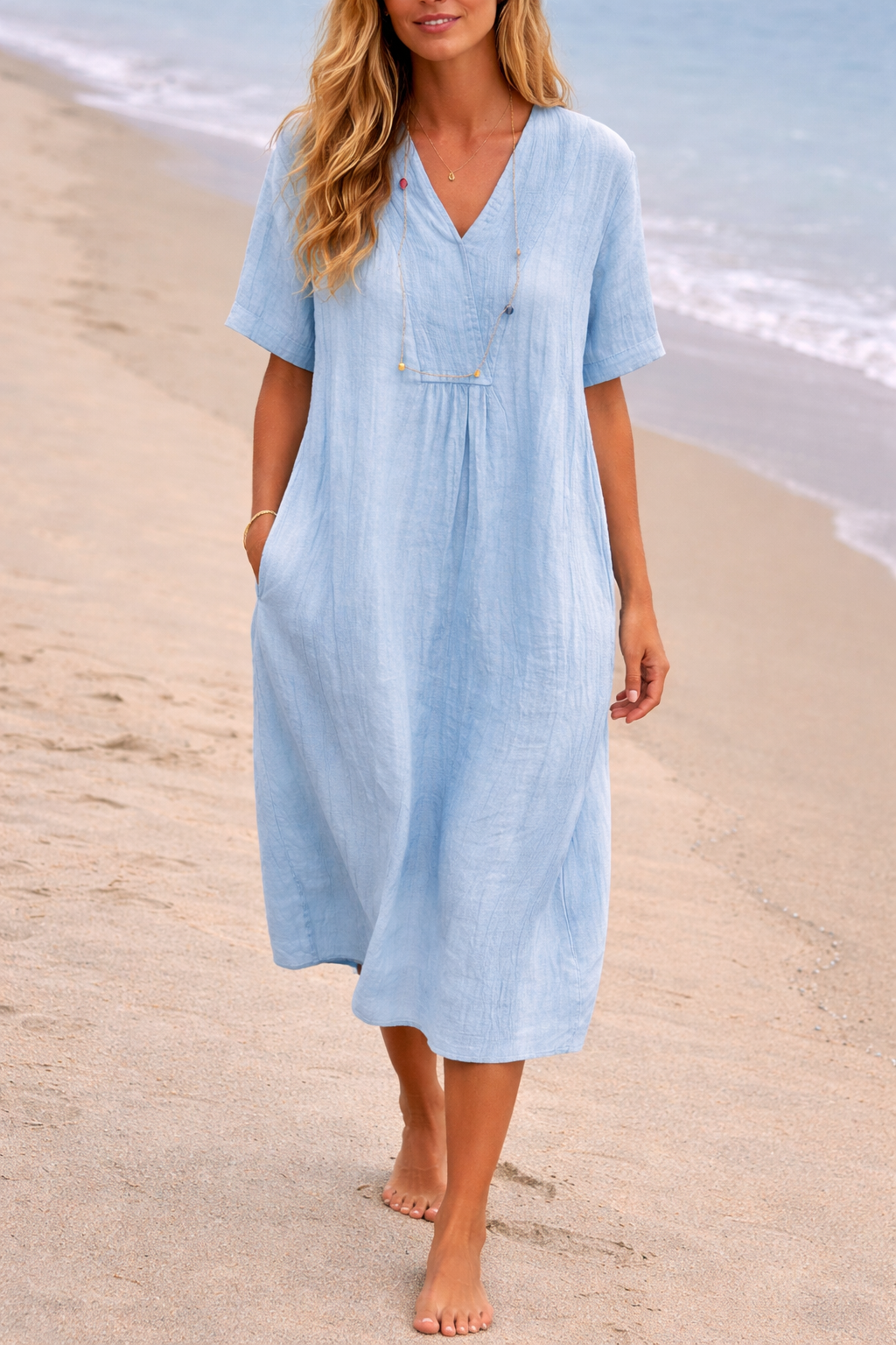 Women's Linen MIDI Dress - Relaxed V-neck Silhouette For Casual Summer Wear