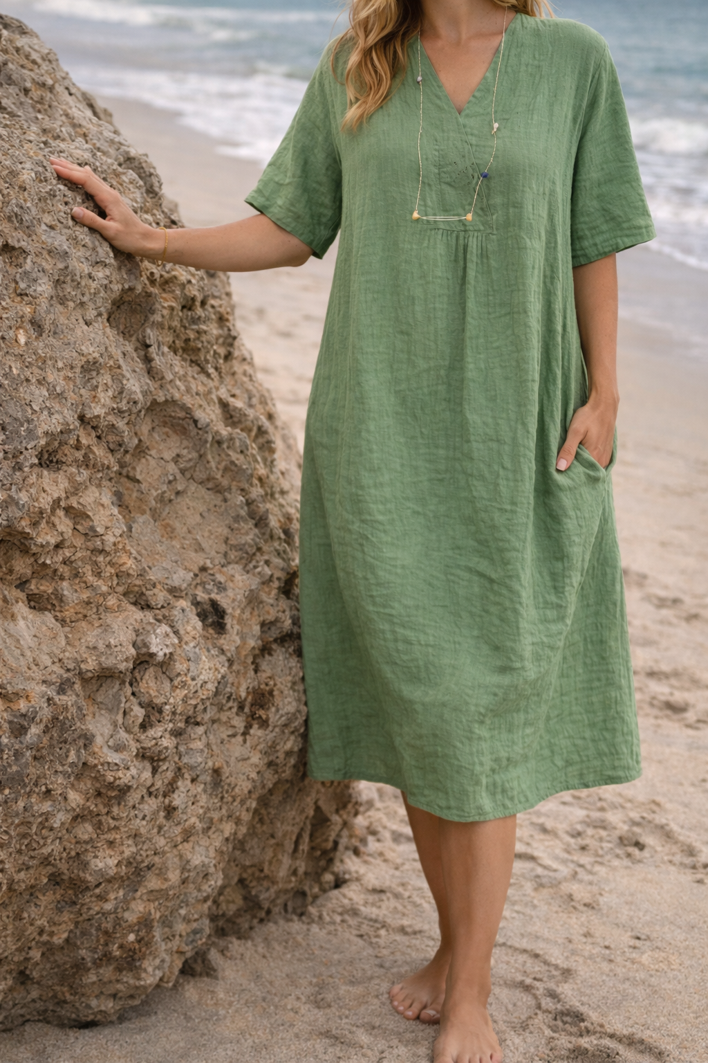 Women's Linen MIDI Dress - Relaxed V-neck Silhouette For Casual Summer Wear
