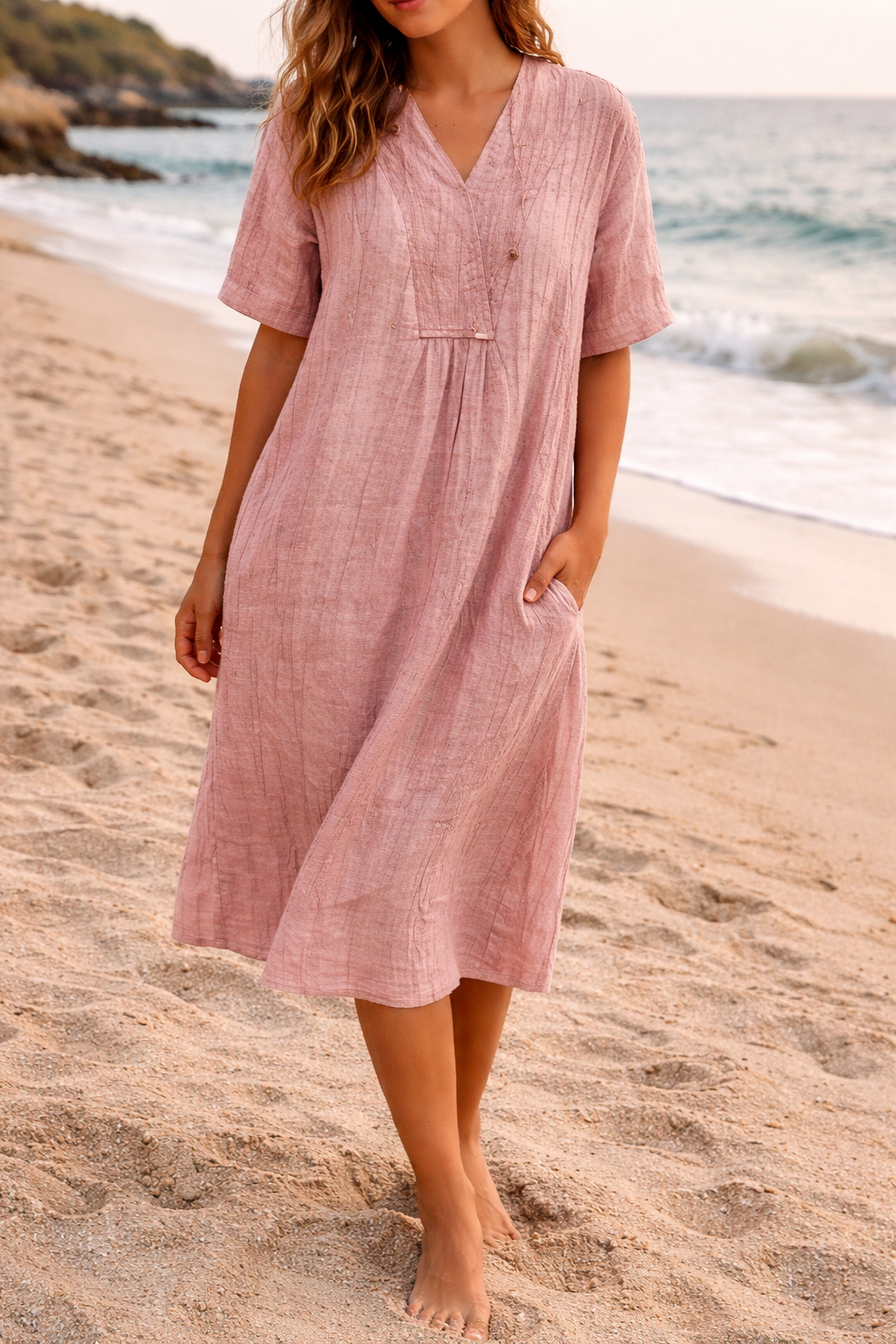 Women's Linen MIDI Dress - Relaxed V-neck Silhouette For Casual Summer Wear