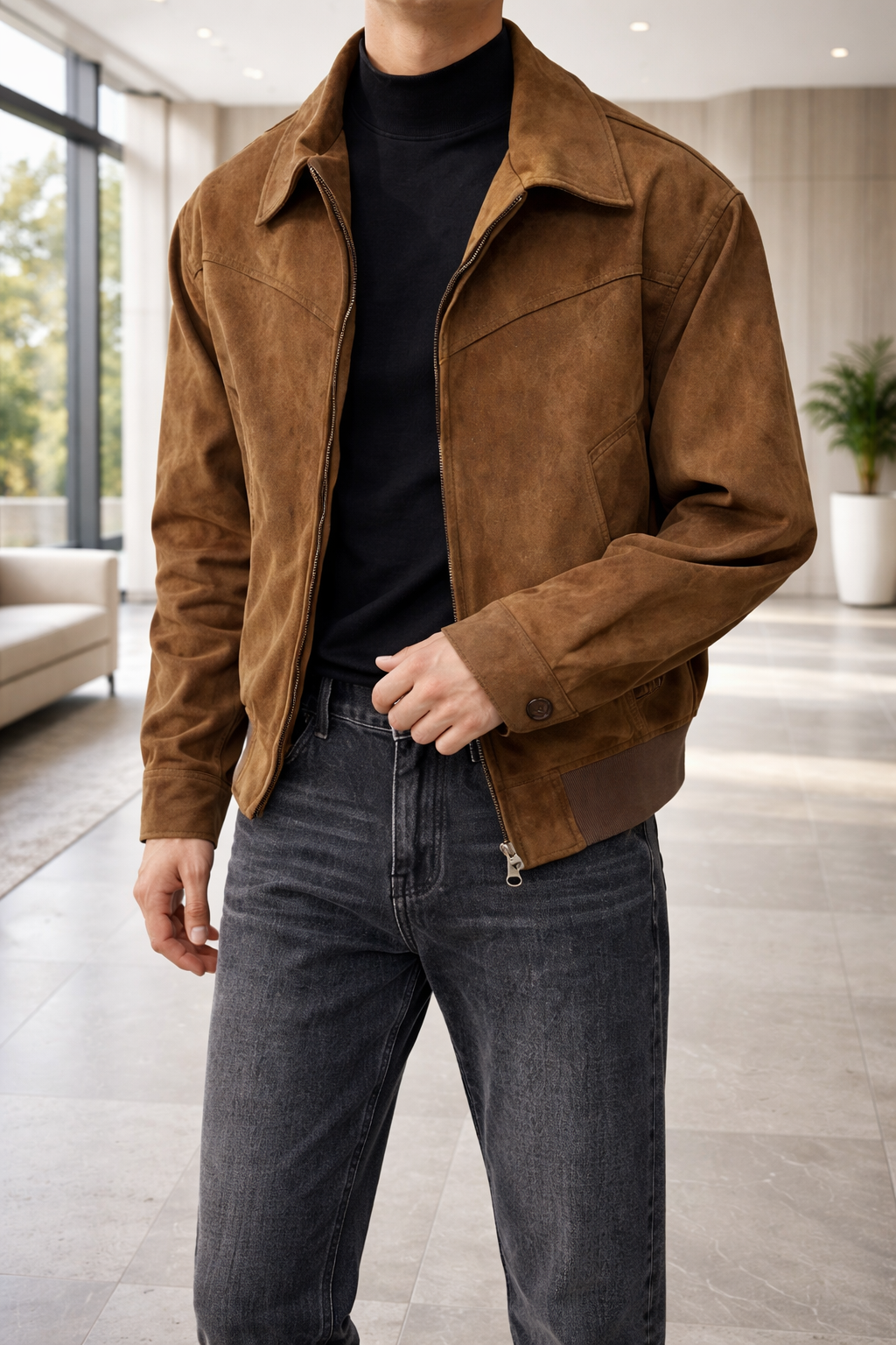 Men's Suede Jacket With A Zipper And Collar – Stylish Outerwear For Fall, Everyday Wear, Leisure, And Smart-casual Style