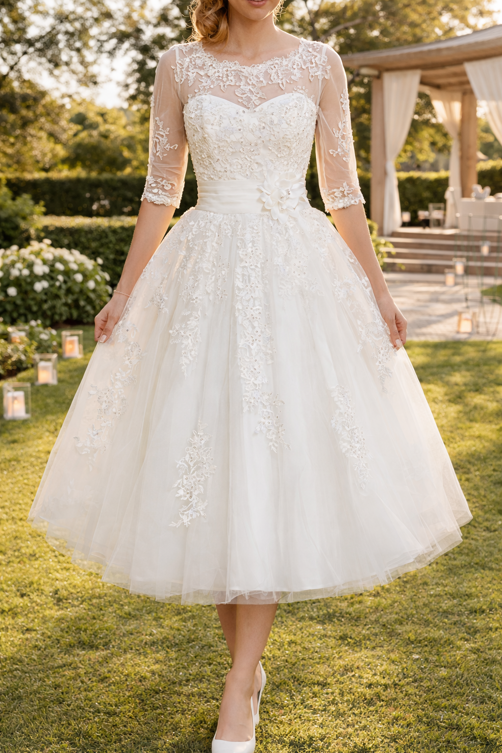 Women's A-line Midi Dress For Weddings With A Lace Overlay – An Elegant Dress For Weddings And Festive Occasions