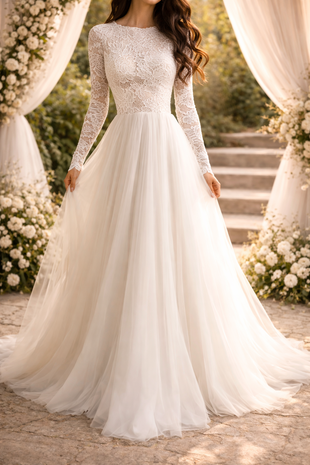 Women's Lace Bodice Long-sleeve Wedding Dress - Elegant Bridal Gown For Formal Ceremonies
