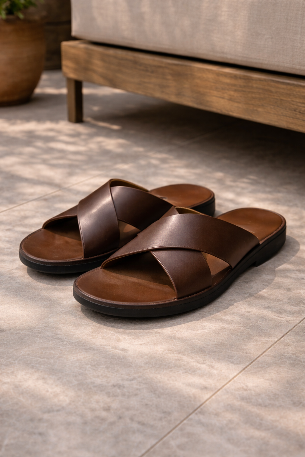 Men's Leather Slide Sandals - Cross-strap Summer Comfort For Everyday Casual Wear