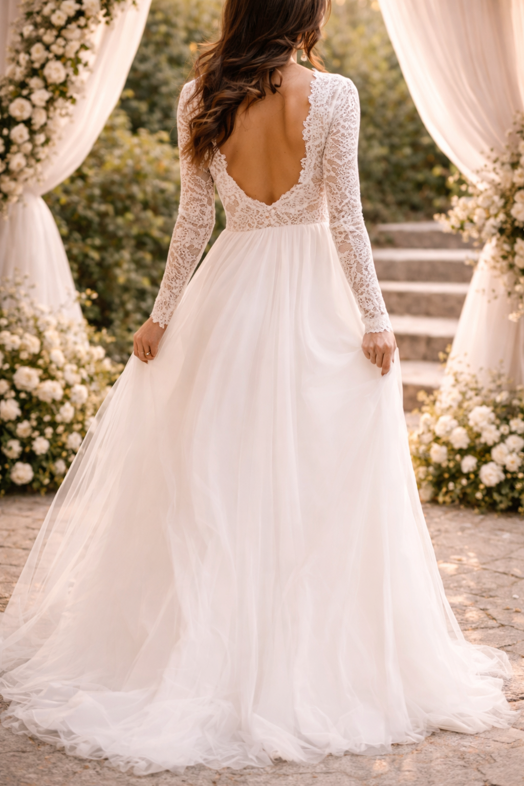 Women's Lace Bodice Long-sleeve Wedding Dress - Elegant Bridal Gown For Formal Ceremonies