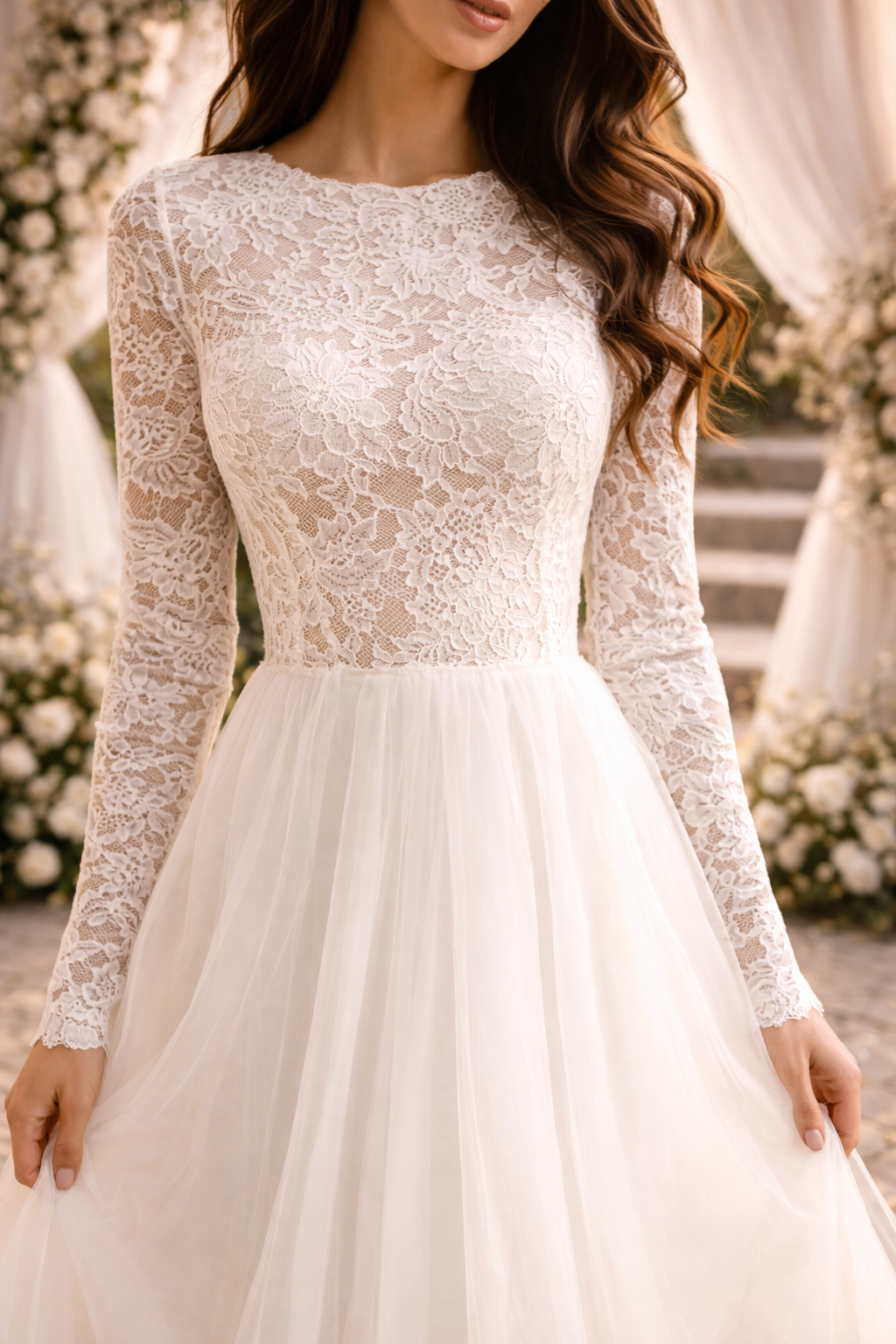 Women's Lace Bodice Long-sleeve Wedding Dress - Elegant Bridal Gown For Formal Ceremonies