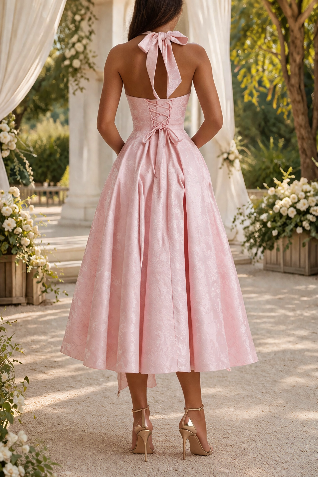 Women's Halter Neck Jacquard MIDI Dress - Elegant Occasion Wear For Weddings And Special Events