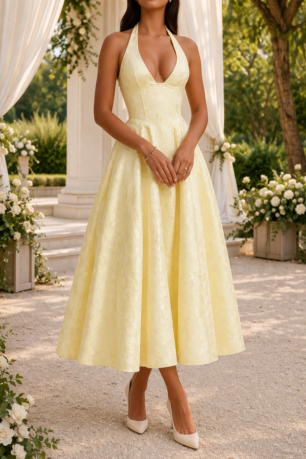 Women's Halter Neck Jacquard MIDI Dress - Elegant Occasion Wear For Weddings And Special Events
