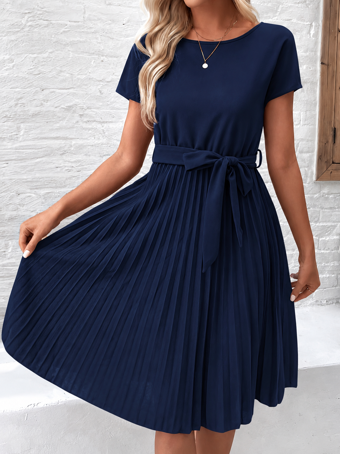 Women's Pleated Midi Dress With Short Sleeves And A Tie At The Waist – An Elegant Dress For The Office, Parties, And Special Occasions