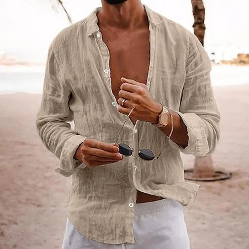 Men's Linen Shirt - Long-sleeve Casual Beach Shirt For Summer And Holiday Wear