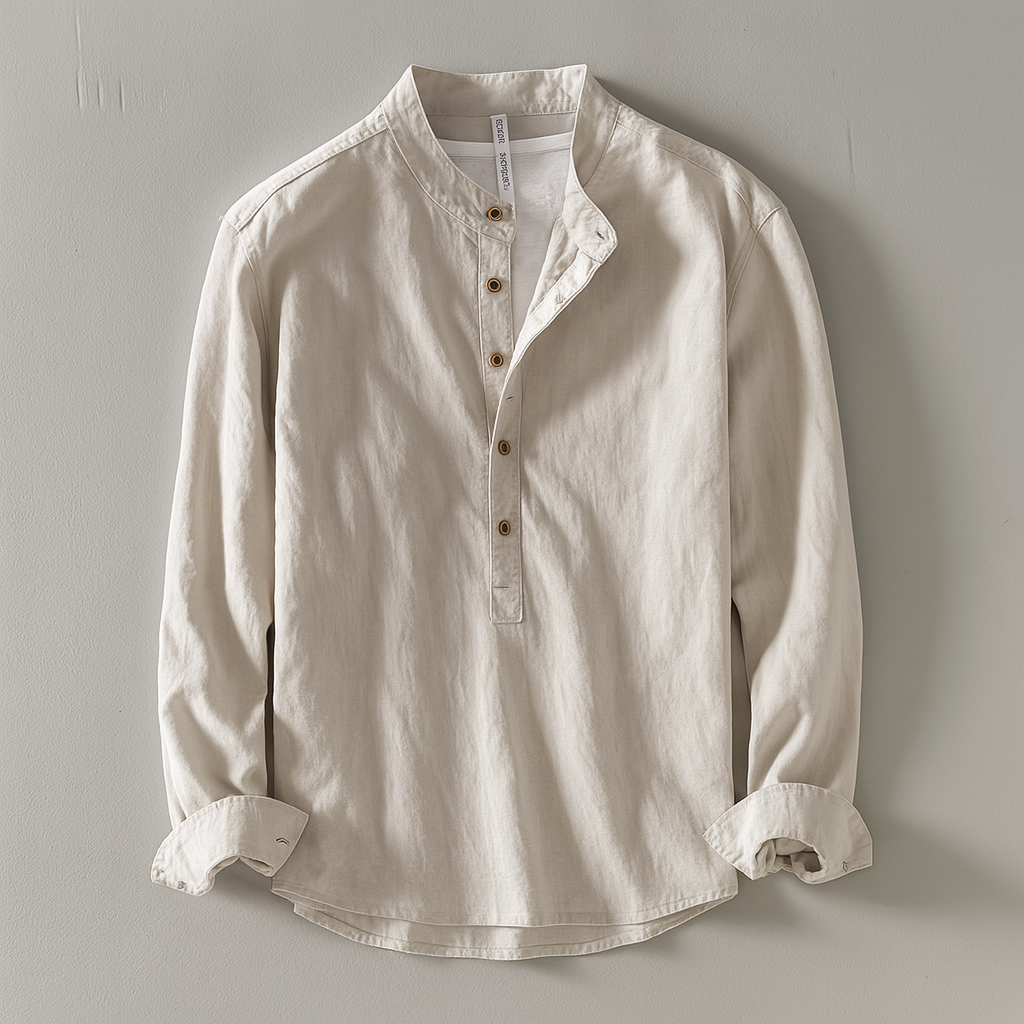 Men's Linen Shirt With A Stand-up Collar And Half-button Closure – A Lightweight, Stylish Shirt For Summer, Everyday Wear, Vacations, And Smart-casual Looks