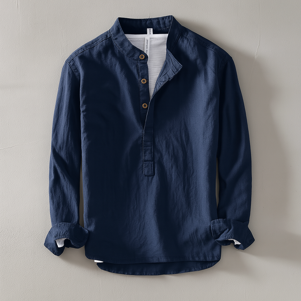 Men's Linen Shirt With A Stand-up Collar And Half-button Closure – A Lightweight, Stylish Shirt For Summer, Everyday Wear, Vacations, And Smart-casual Looks