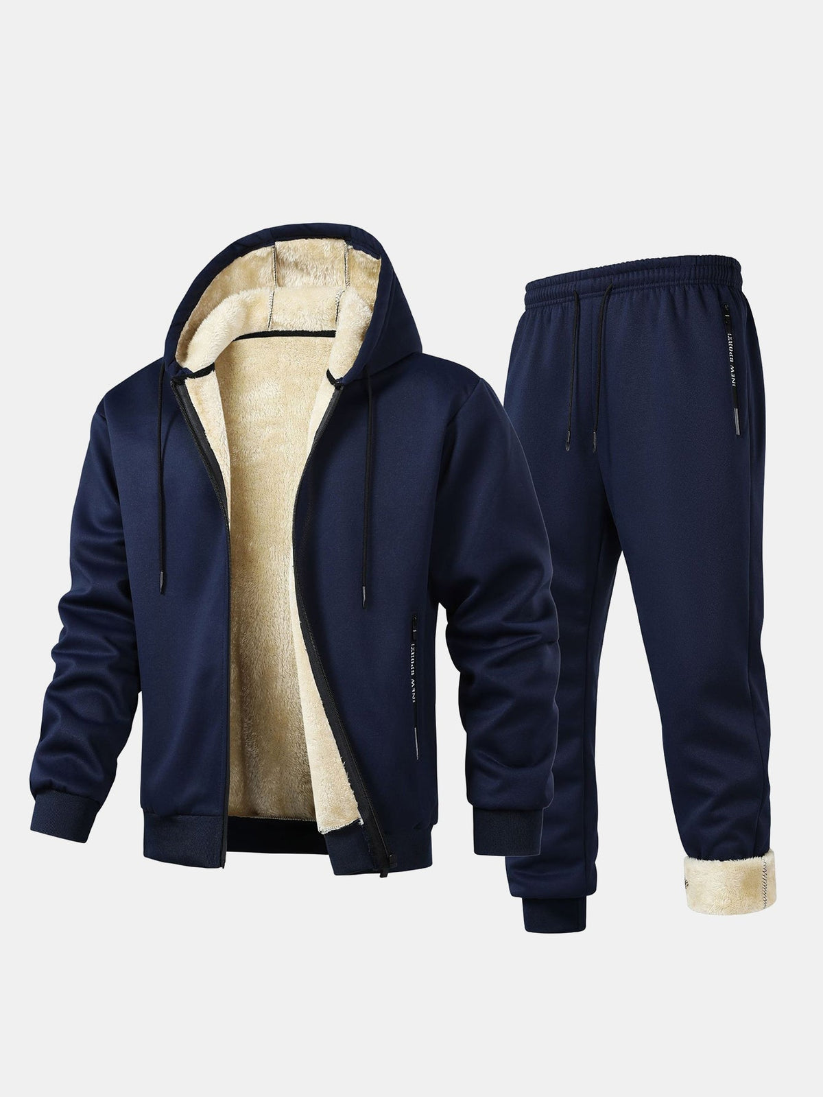 Men's Teddy-lined Tracksuit With Hood, Zip-up Jacket, And Joggers – A Warm Outfit For Winter, Travel, Everyday Wear, And Leisure