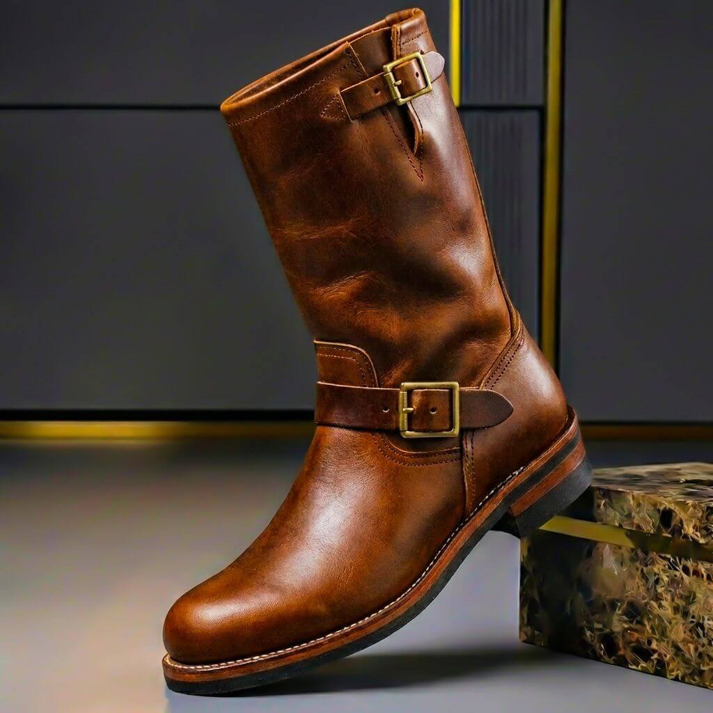 Men's Genuine Leather Boots With Buckles – Mid-calf Engineer Boots For Fall, Winter, Everyday Wear, And Leisure