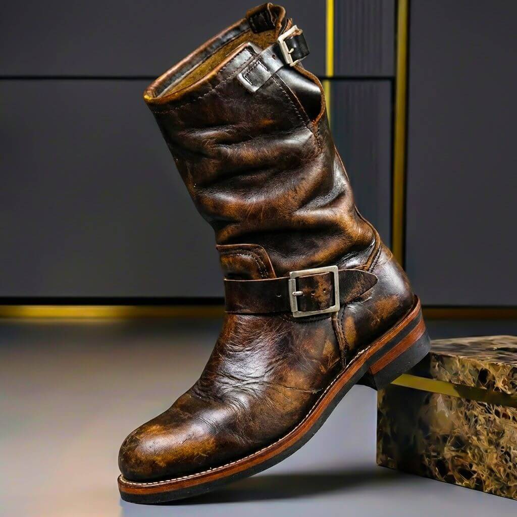 Men's Genuine Leather Boots With Buckles – Mid-calf Engineer Boots For Fall, Winter, Everyday Wear, And Leisure