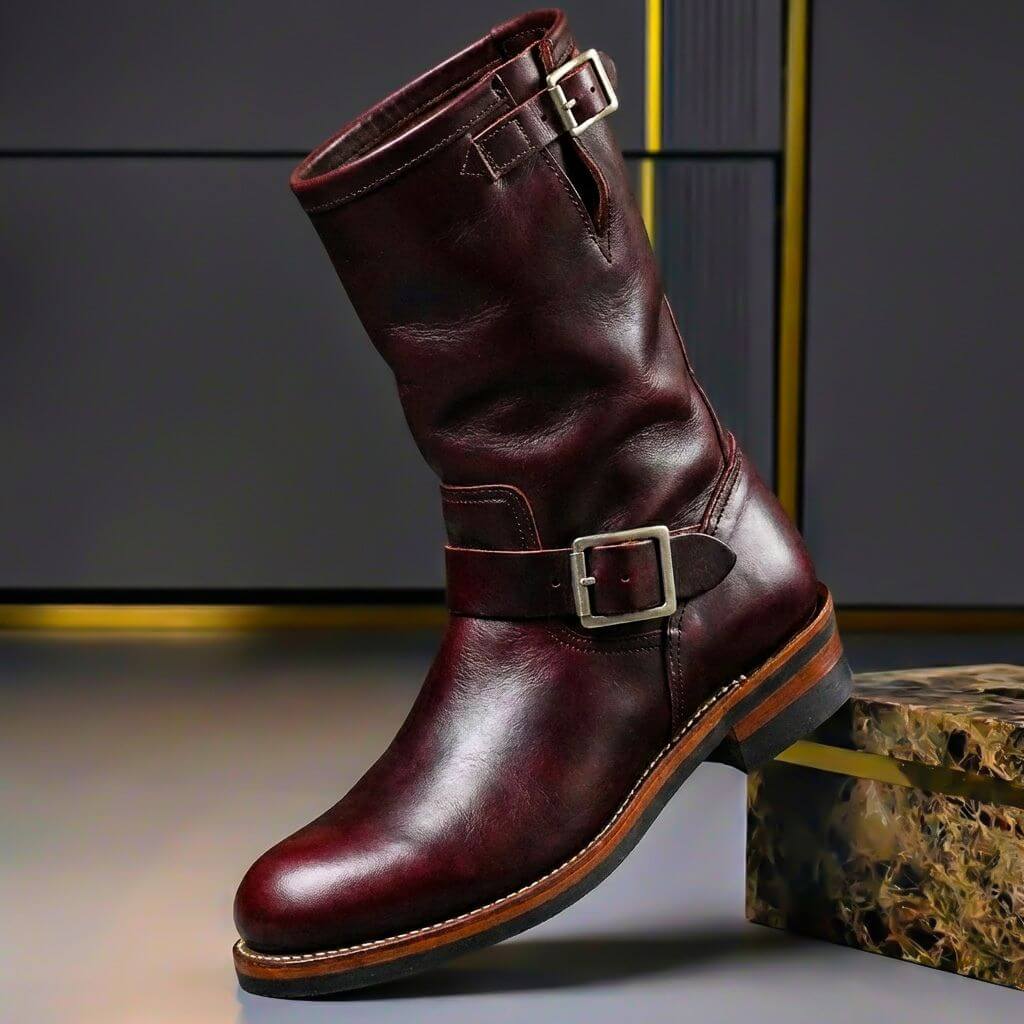 Men's Genuine Leather Boots With Buckles – Mid-calf Engineer Boots For Fall, Winter, Everyday Wear, And Leisure