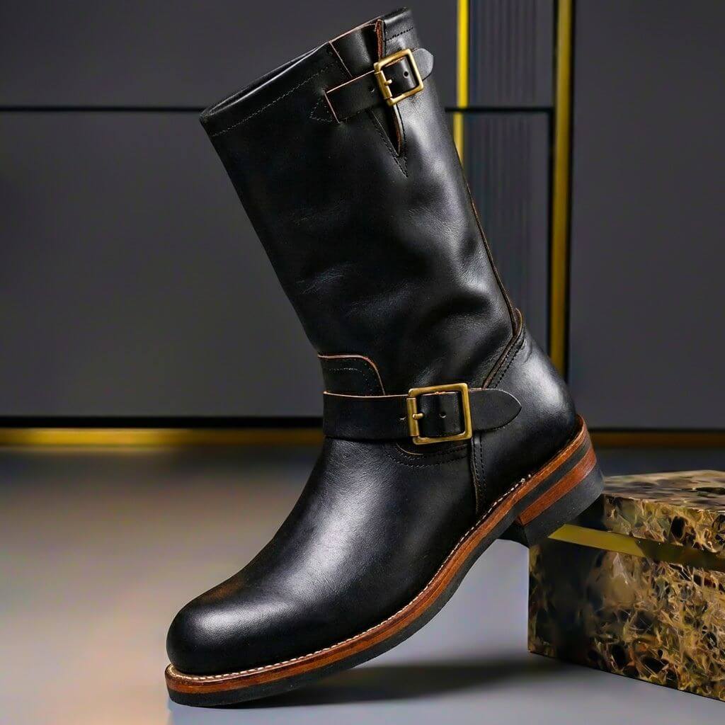 Men's Genuine Leather Boots With Buckles – Mid-calf Engineer Boots For Fall, Winter, Everyday Wear, And Leisure