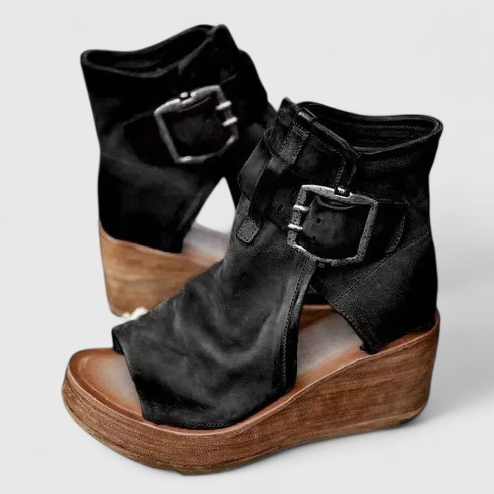 Aria | Women Buckled Open Toe Wedge Ankle Boots