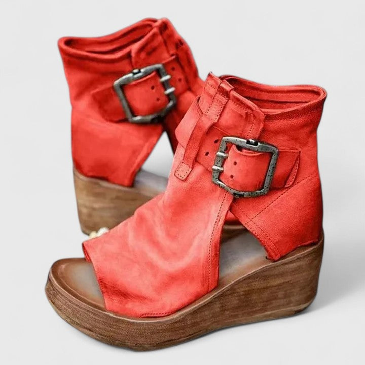 Aria | Women Buckled Open Toe Wedge Ankle Boots