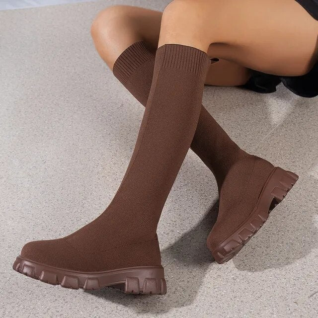 Tania - Knee-High Women's Boots with Sock Fit and Chunky Sole