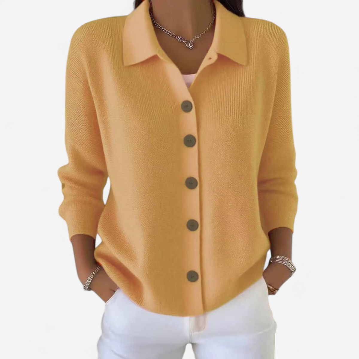 Women's Knitted Cardigan With Collar And Front Button Closure – A Casual Knit For Spring, Fall, And Everyday Wear