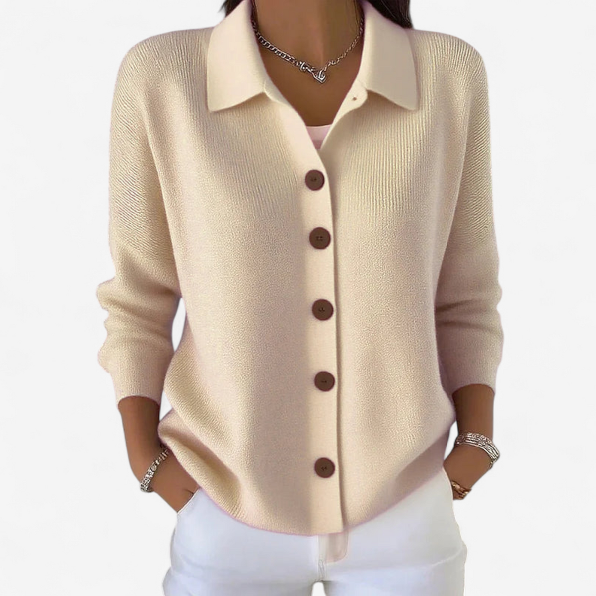 Women's Knitted Cardigan With Collar And Front Button Closure – A Casual Knit For Spring, Fall, And Everyday Wear