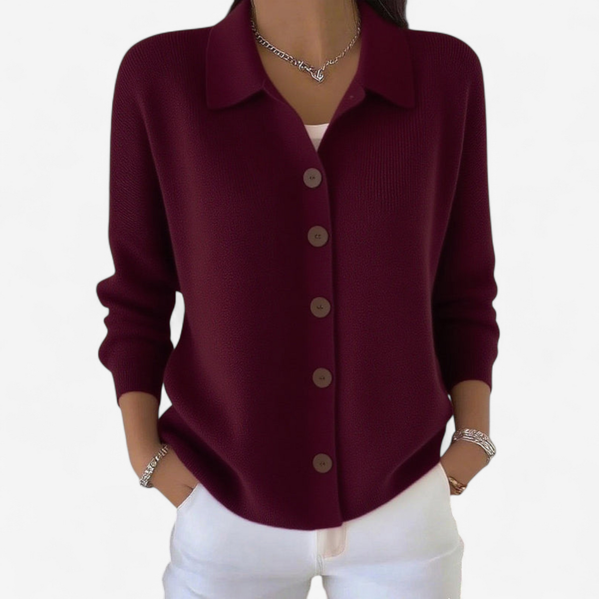 Women's Knitted Cardigan With Collar And Front Button Closure – A Casual Knit For Spring, Fall, And Everyday Wear