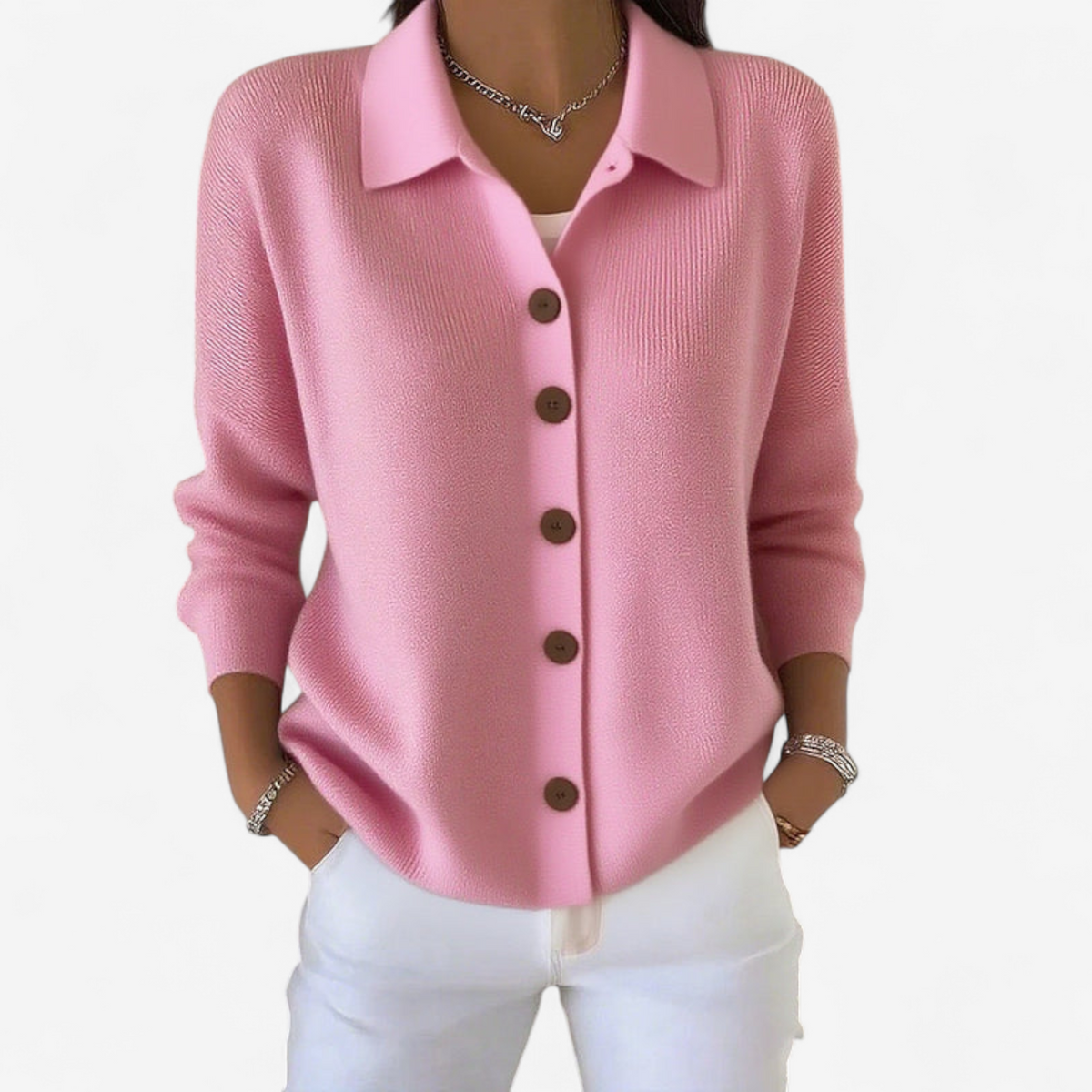 Women's Knitted Cardigan With Collar And Front Button Closure – A Casual Knit For Spring, Fall, And Everyday Wear