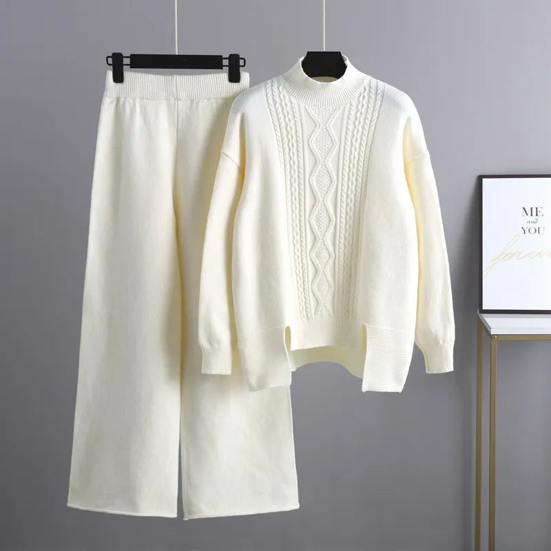 Women's Cashmere Knit Set With A Sweater And Wide-leg Pants – A Warm And Elegant Loungewear Set For Winter, Everyday Wear, And Relaxation