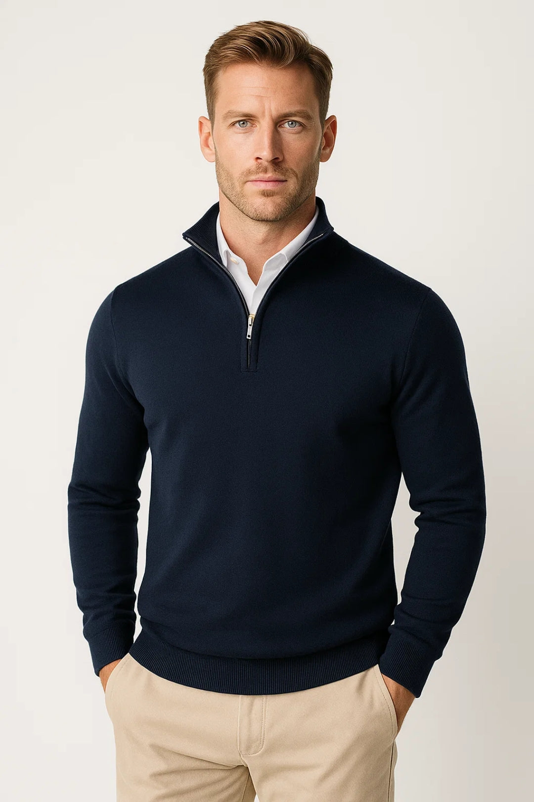 Men's Half-zip Knit Sweater With A High Collar – Warm Winter Knitwear For Cold Days, Everyday Wear, And Leisure