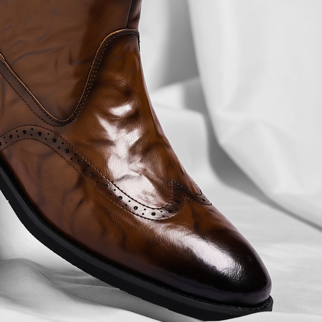 Men's Italian Leather Boots With Brogue Details – Elegant Ankle Boots For The Office, Business Casual, And Evening Wear