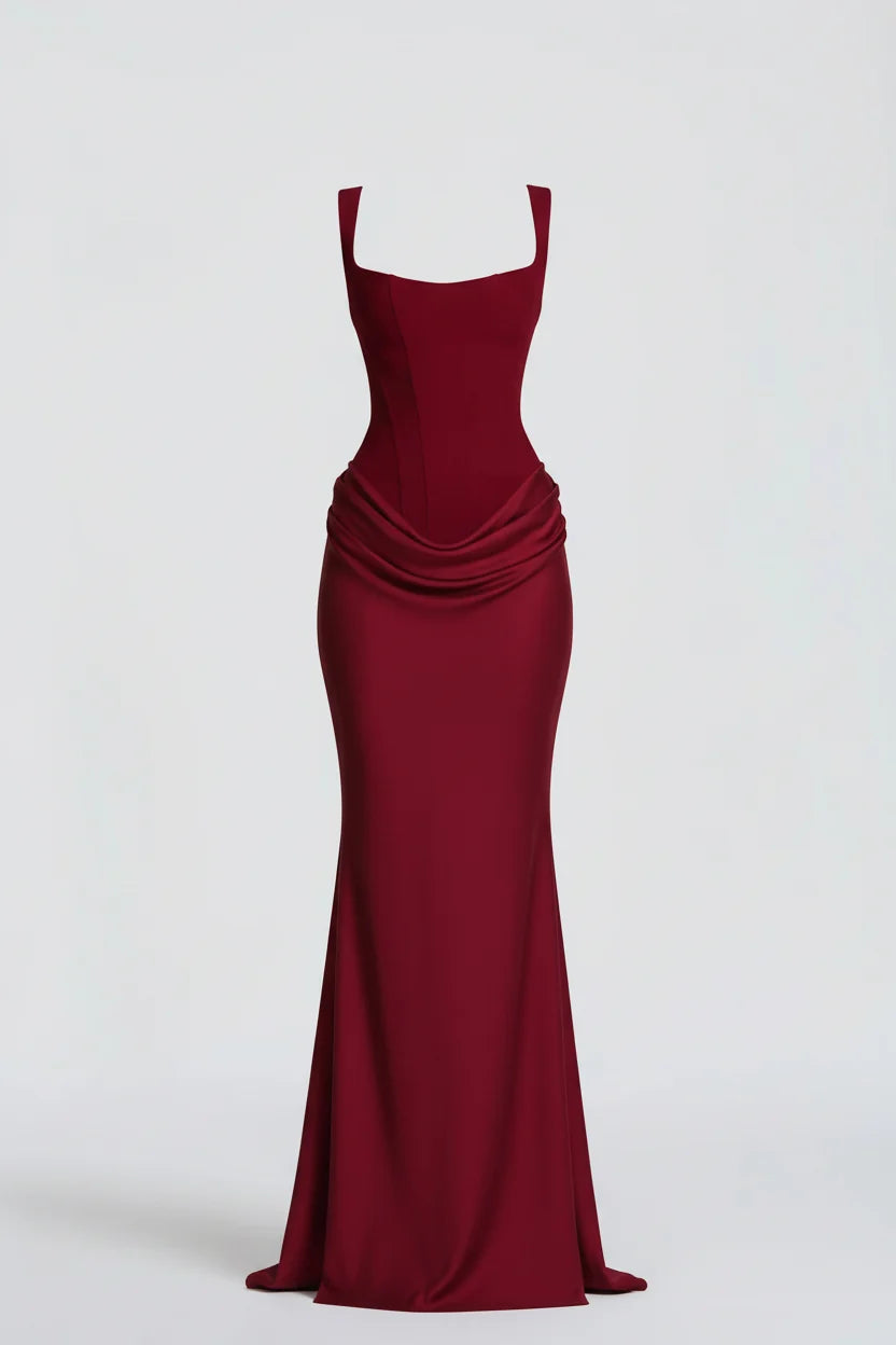 Women's Square Neck Mermaid Maxi Dress - Draped Evening Dress For Weddings And Formal Occasions