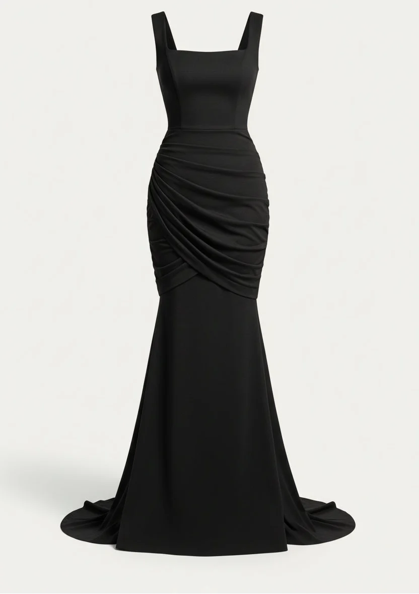 Women's Square Neck Mermaid Maxi Dress - Draped Evening Dress For Weddings And Formal Occasions