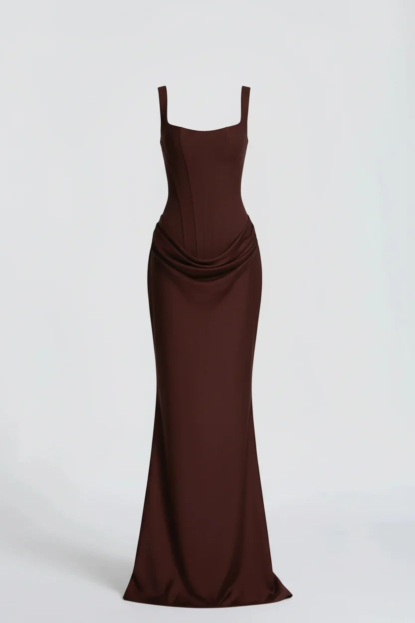 Women's Square Neck Mermaid Maxi Dress - Draped Evening Dress For Weddings And Formal Occasions