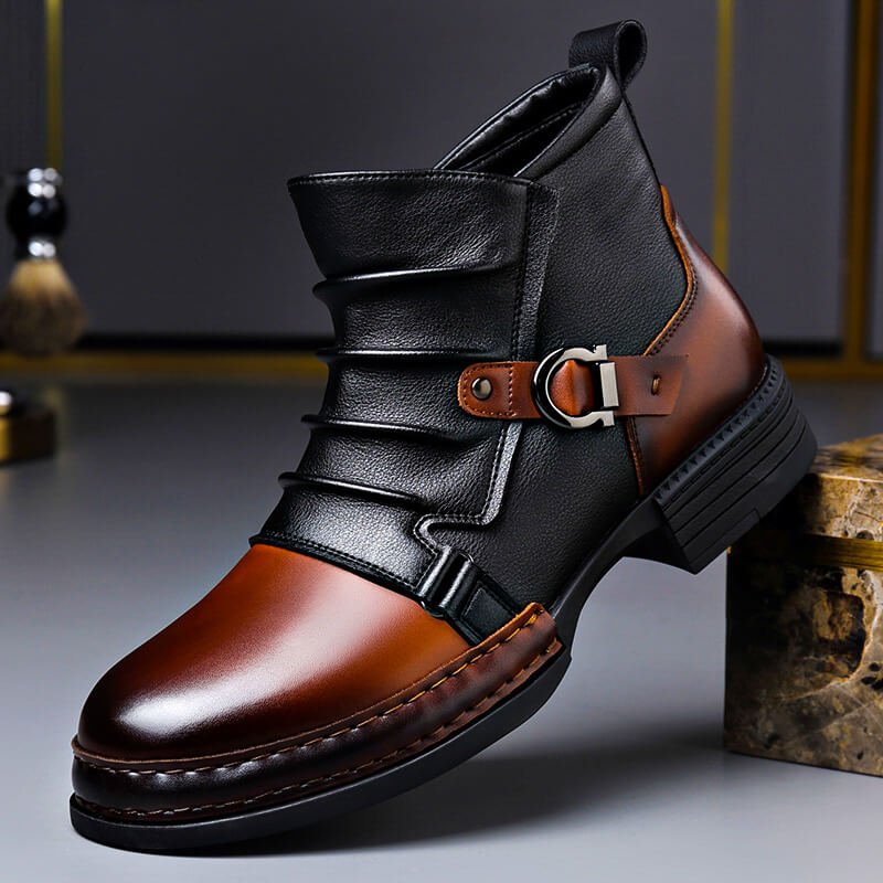 Men's Handmade Leather Boots With A Buckle And A Textured, Ankle-high Design – Stylish Boots For Everyday Wear, Weekends, And Smart-casual Looks