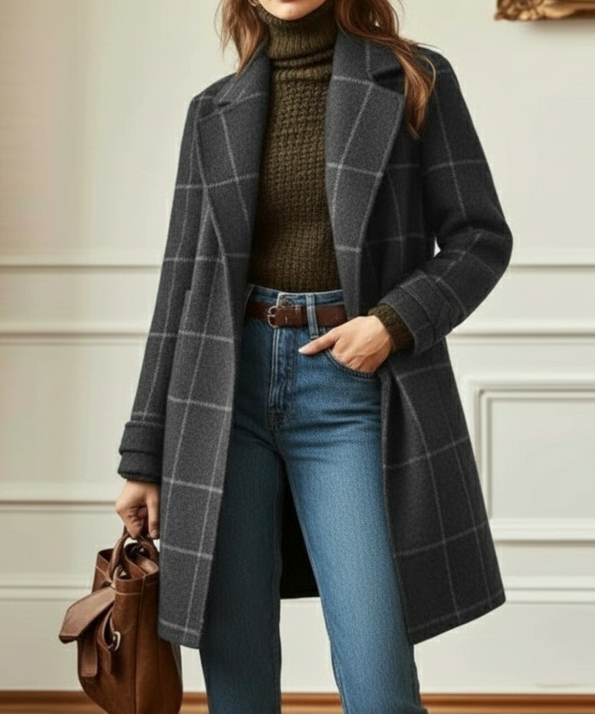 Women's Long Tweed Coat In A Wool Blend With A Print – Elegant Outerwear For Fall, Winter, Everyday Wear, And Smart-casual Style