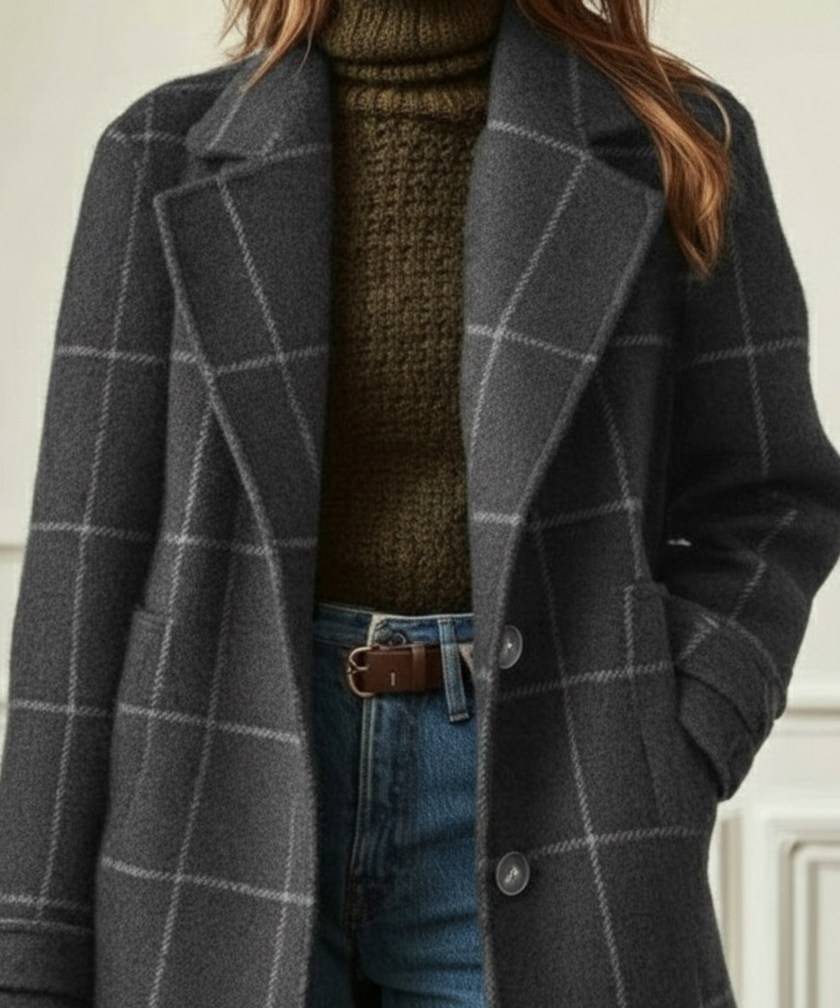 Women's Long Tweed Coat In A Wool Blend With A Print – Elegant Outerwear For Fall, Winter, Everyday Wear, And Smart-casual Style