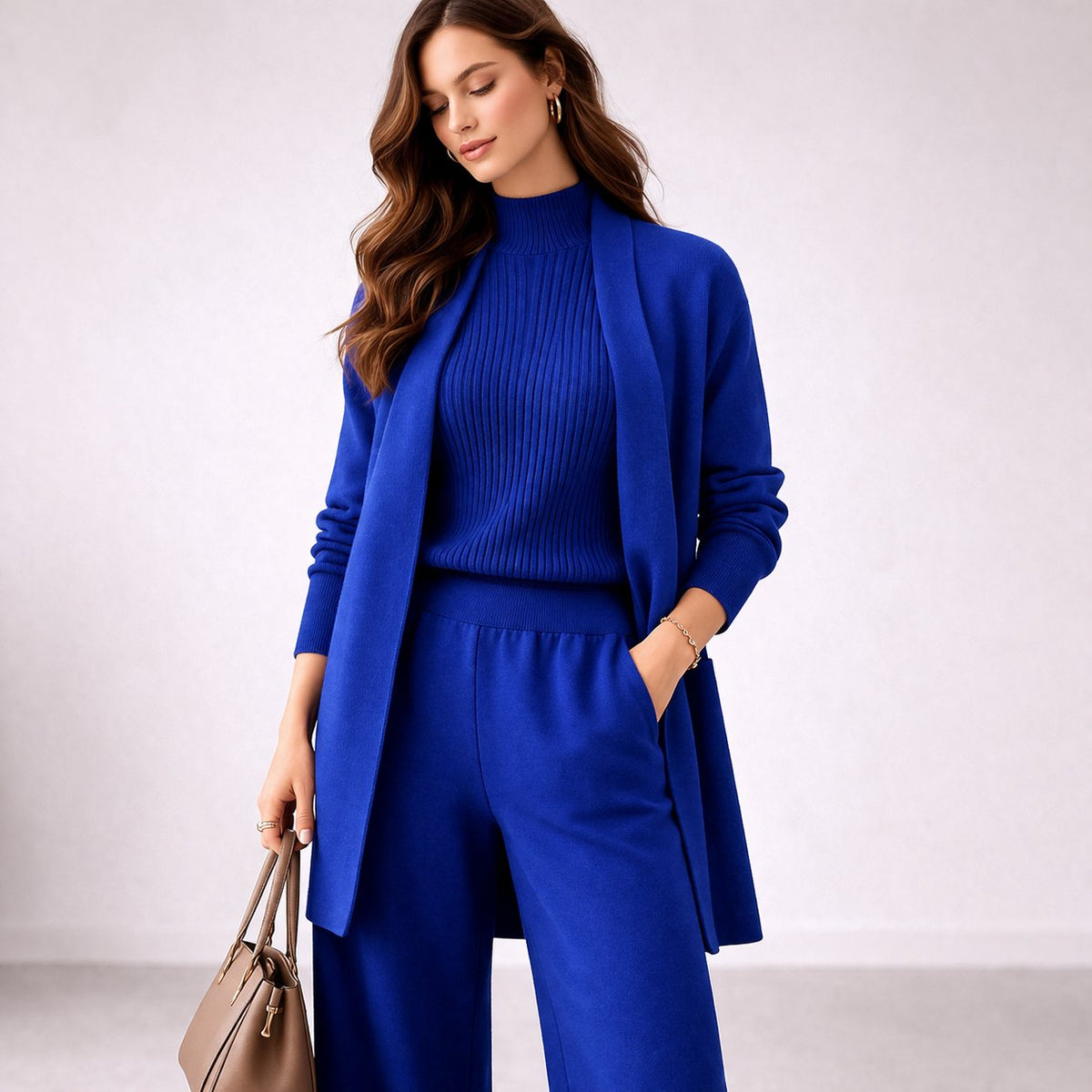 Women's Soft 3-piece Knit Set With A High Neck, Wide-leg Pants, And A Long Cardigan – A Comfortable Outfit For Travel, Everyday Wear, And Relaxing