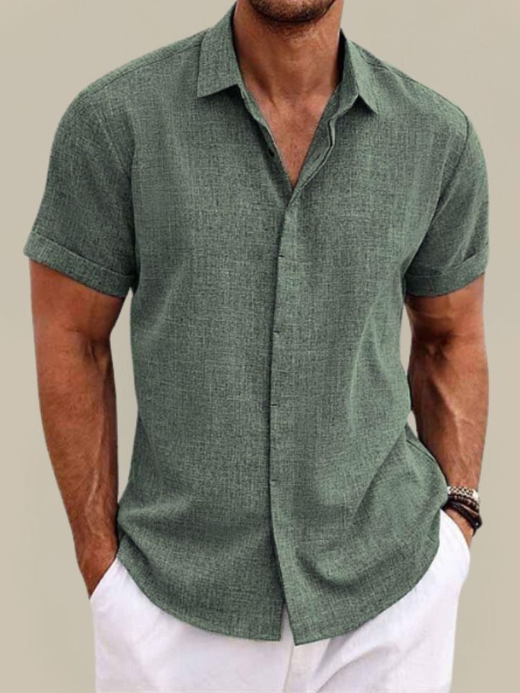 Men's Linen Short Sleeve Shirt - Lightweight Button-Up Summer Casual Shirt