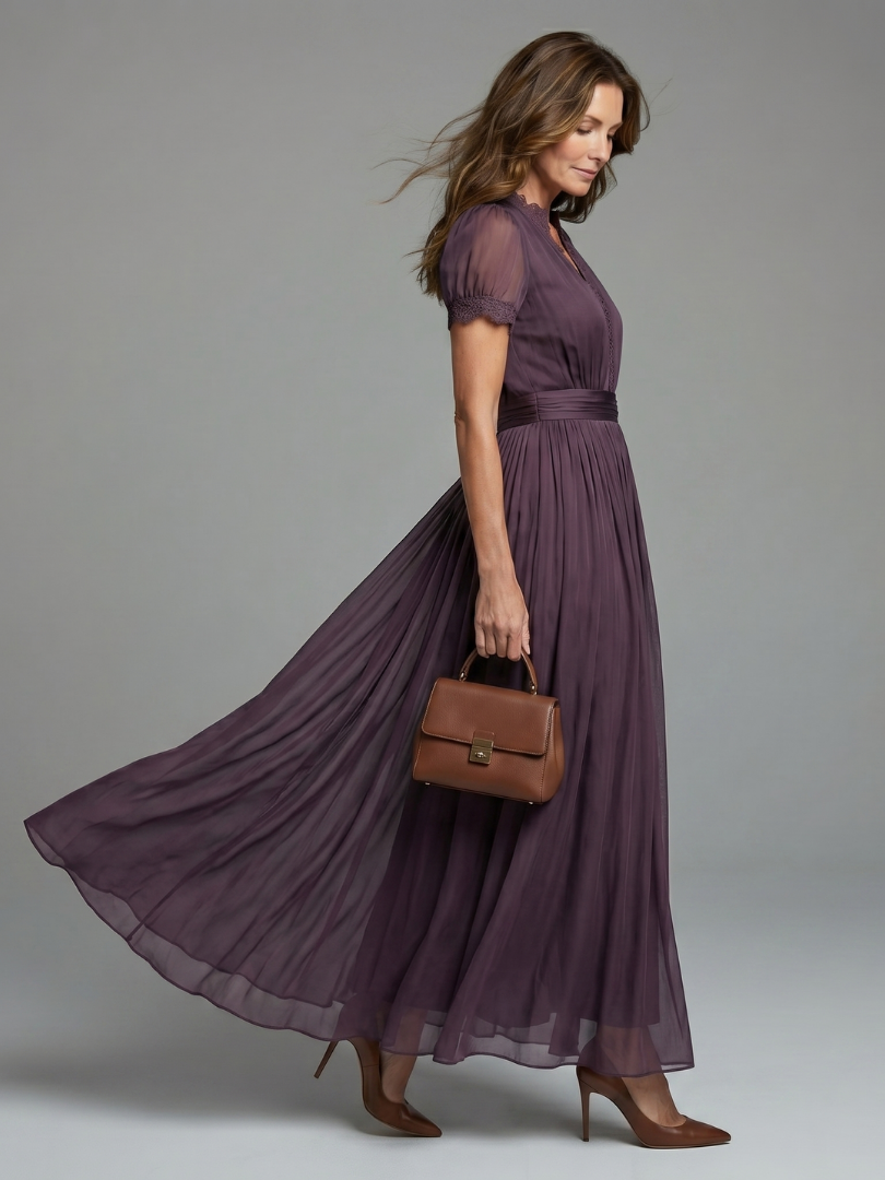 Women's Pleated Waist Maxi Dress - Sheer Sleeves For Elegant Occasion Wear