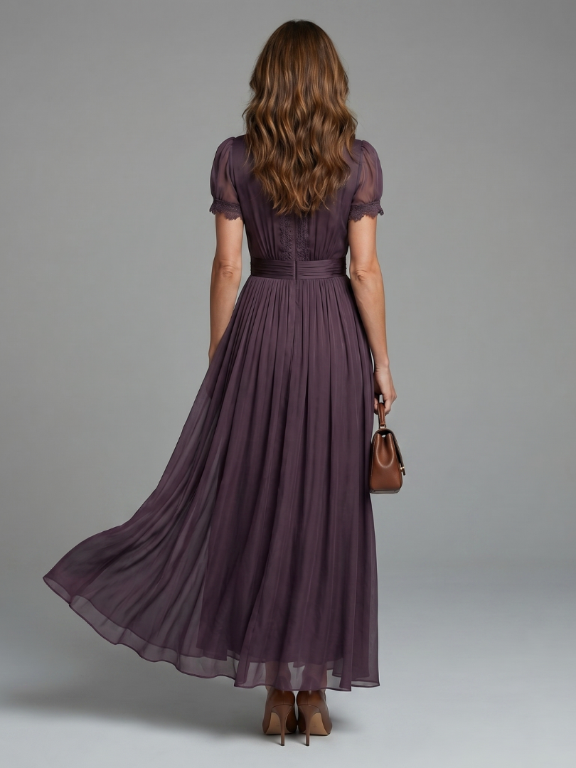 Women's Pleated Waist Maxi Dress - Sheer Sleeves For Elegant Occasion Wear