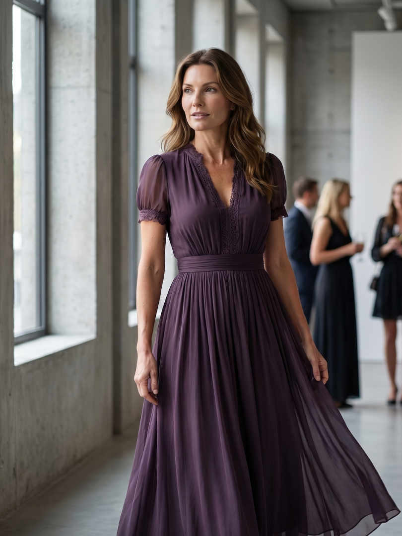 Women's Pleated Waist Maxi Dress - Sheer Sleeves For Elegant Occasion Wear