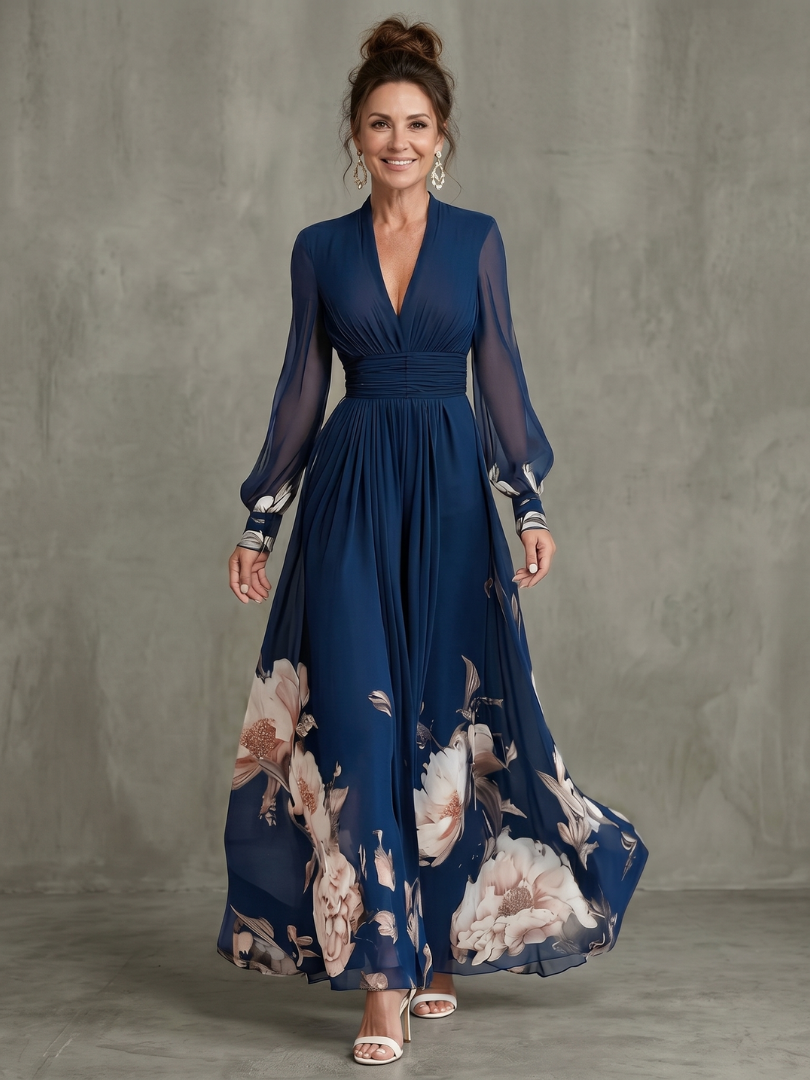 Women's Printed Maxi Dress - Sheer Sleeves And Plunge Neck For Elegant Occasion Wear