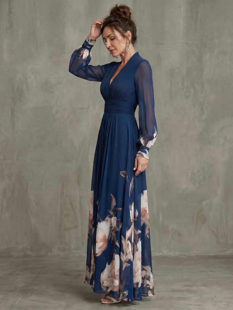 Women's Printed Maxi Dress - Sheer Sleeves And Plunge Neck For Elegant Occasion Wear